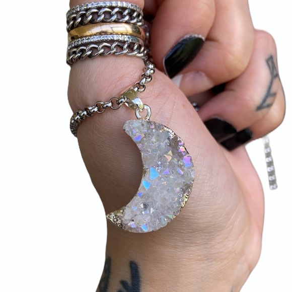 Silverskylight Jewelry - Crystal moon necklace . Druzy quartz crystal moon & stainless steel chain